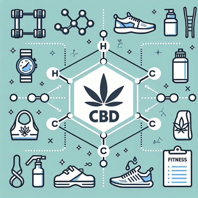 illustration of a CBD molecule structure with fitness icons around it