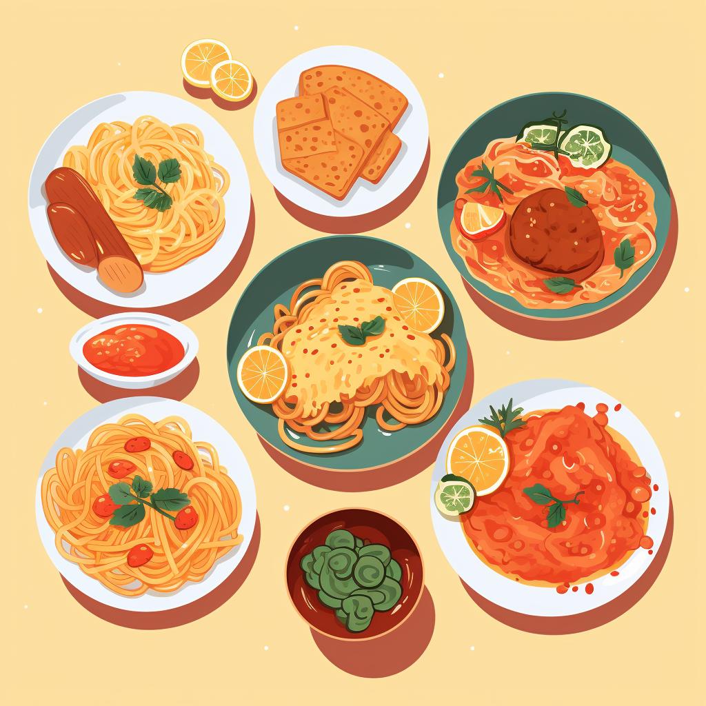 A variety of dishes like pasta, curry, and brownies.