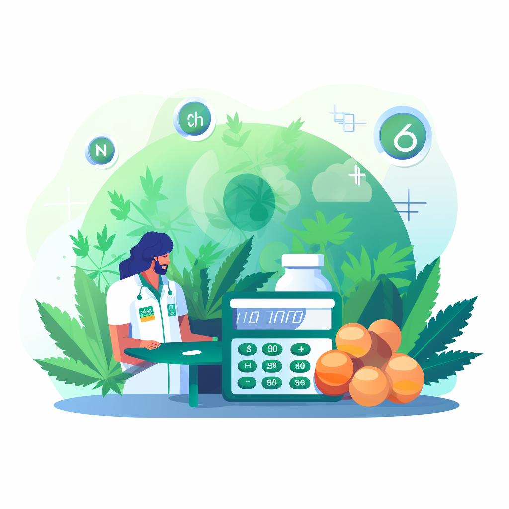 Illustration of a person calculating CBD dosage with a calculator and CBD product label