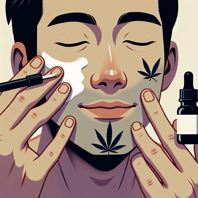 close-up of a man's hands applying CBD oil to his face