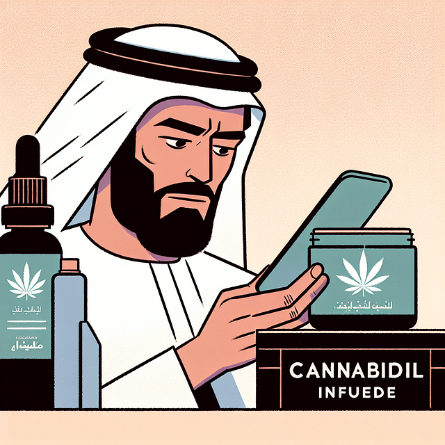 man reading a label on a CBD skincare product with interest