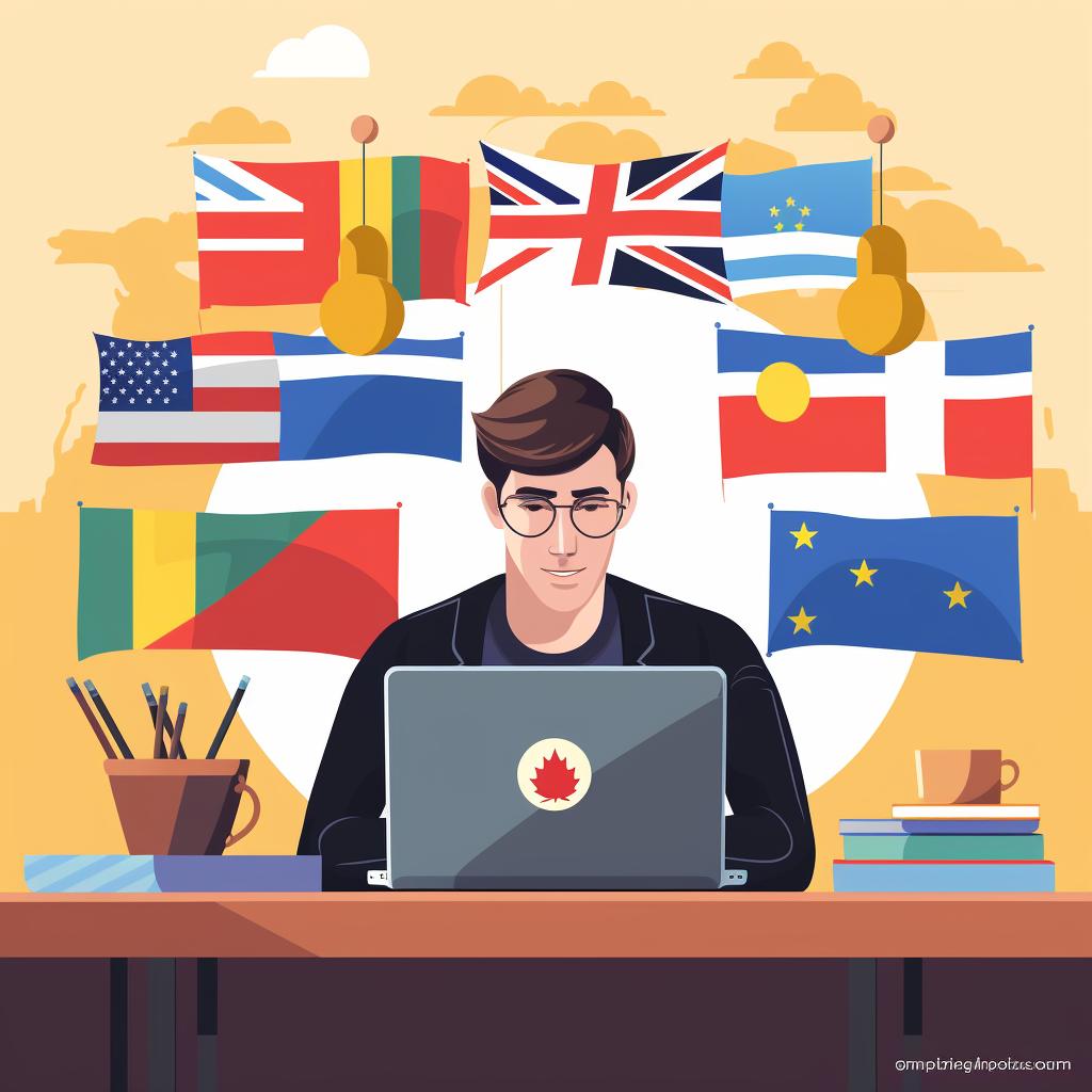 A person researching on a laptop with flags of different countries in the background
